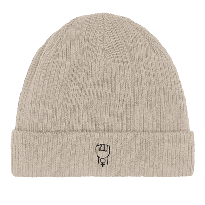 Sand ribbed knit organic cotton beanie with folded cuff and feminist icon