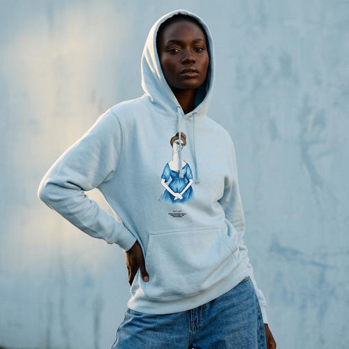 Jeanne cotton hoodie, light blue with hood, drawstrings, and front graphic print