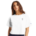 Women's cropped T-shirt, white with small chest graphic and short sleeves