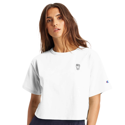 Women's cropped T-shirt, white with small chest graphic and short sleeves