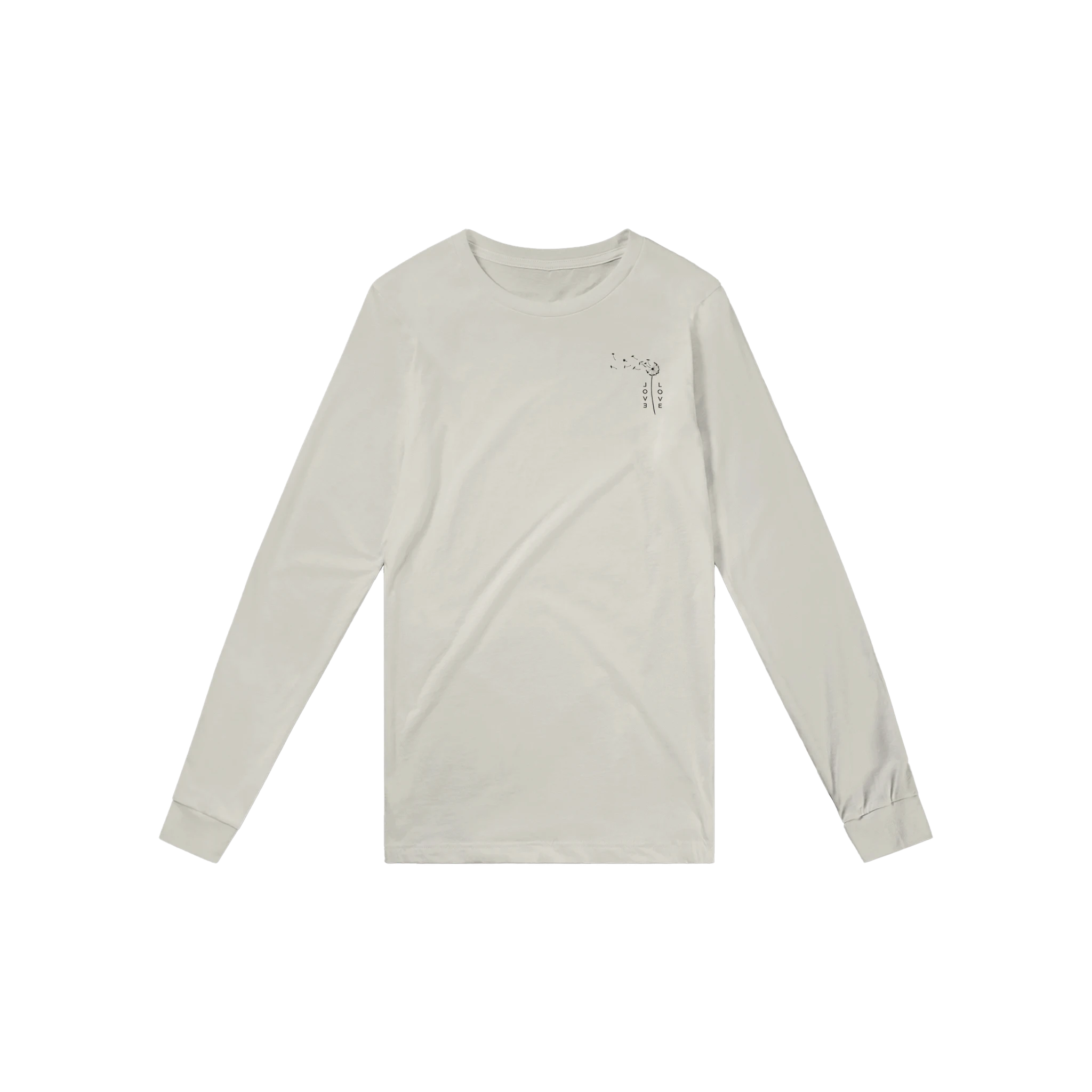 White unisex long-sleeve shirt front view with small chest graphic, crew neck
