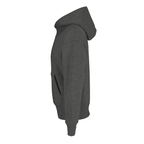 Unisex oversized grey melange hoodie side view with hood and long sleeves