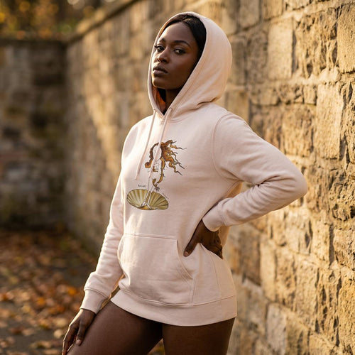 Light pink hoodie with hood, kangaroo pocket, and Venus shell graphic on chest