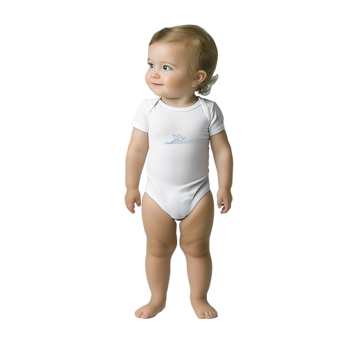 Baby wearing a white short-sleeve bodysuit with small blue ocean boat graphic