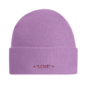 Light lavender knit beanie with ribbed cuff and "LOVE" logo