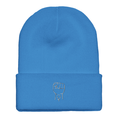 Cuffed beanie in light blue with white fist icon on the cuff