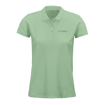 Women’s polo shirt, pale mint green with button placket and small “LOVE” chest logo.