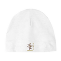 White baby hat with PeaceForAll leaf logo