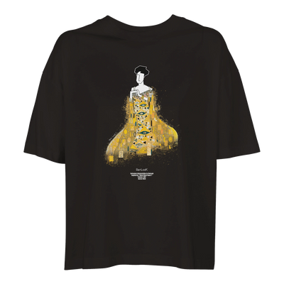 Women’s oversized T-shirt in deep black with art graphic on front, crew neck