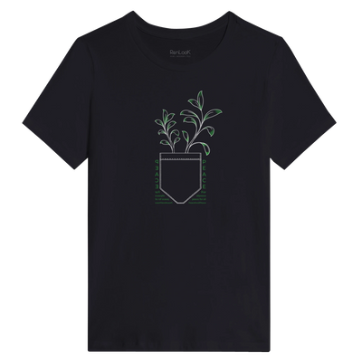 Women’s black T-shirt with chest graphic: plant sprout in a shield/label shape.