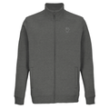 Grey melange women's zip sweatshirt with stand collar and small chest graphic