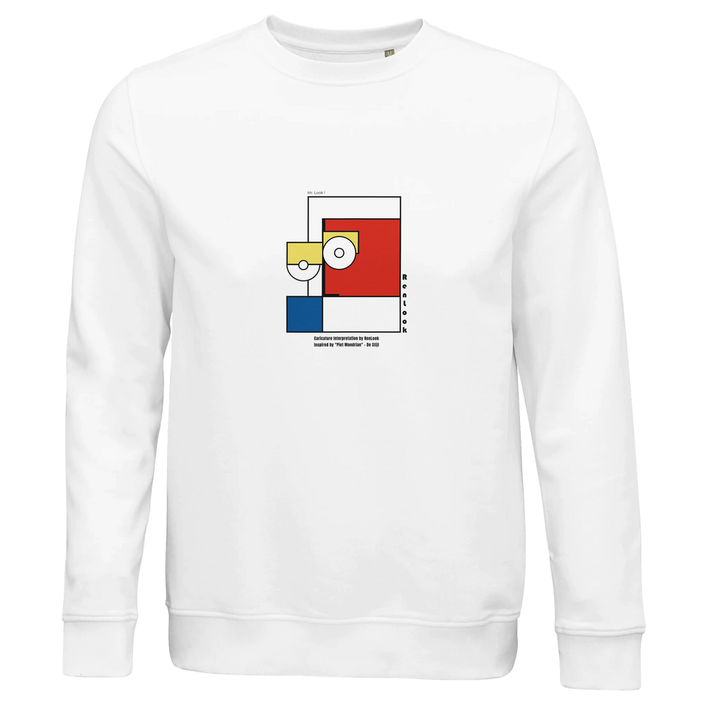 Unisex white sweatshirt with Piet Mondrian style square graphic on chest
