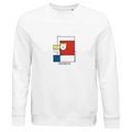 Unisex white sweatshirt with Piet Mondrian style square graphic on chest