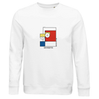 Unisex white sweatshirt with Piet Mondrian style square graphic on chest