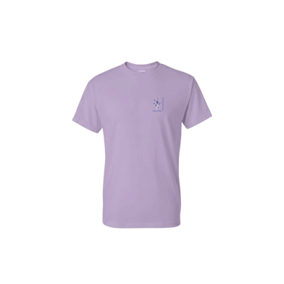 Unisex sports tee, orchid purple with small chest floral tree graphic