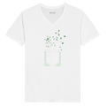 V-neck T-shirt, white, centered leaf-and-shield graphic print