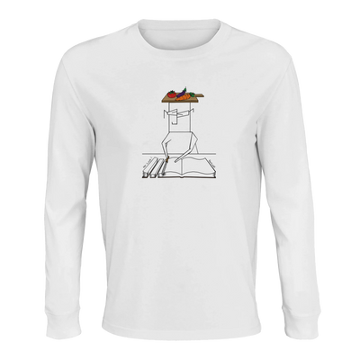Long sleeve T-shirt in white with small graphic print at the chest