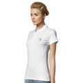 Women’s fitted polo shirt, white, short sleeves, button placket and collar