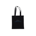 Black tote bag with handles and sailboat over blue wave print