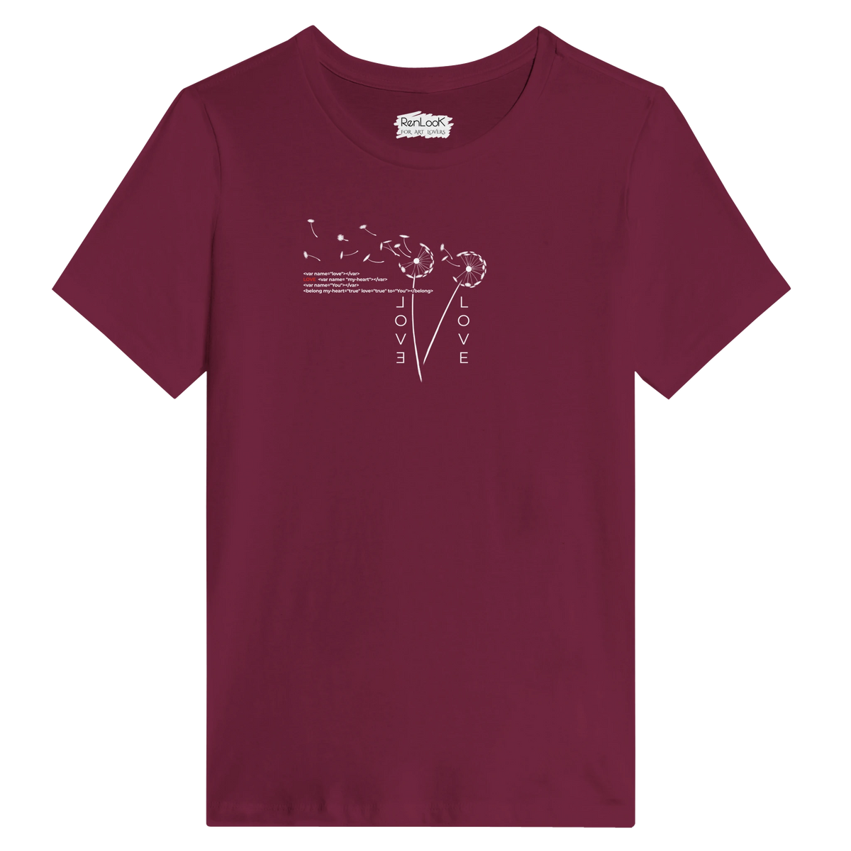 Women's crew-neck T-shirt in maroon with white Love heart graphic on chest