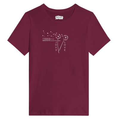Women's crew-neck T-shirt in maroon with white Love heart graphic on chest