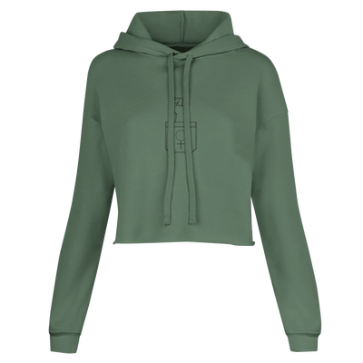 Women’s cropped hoodie in military green with drawstring hood and front graphic