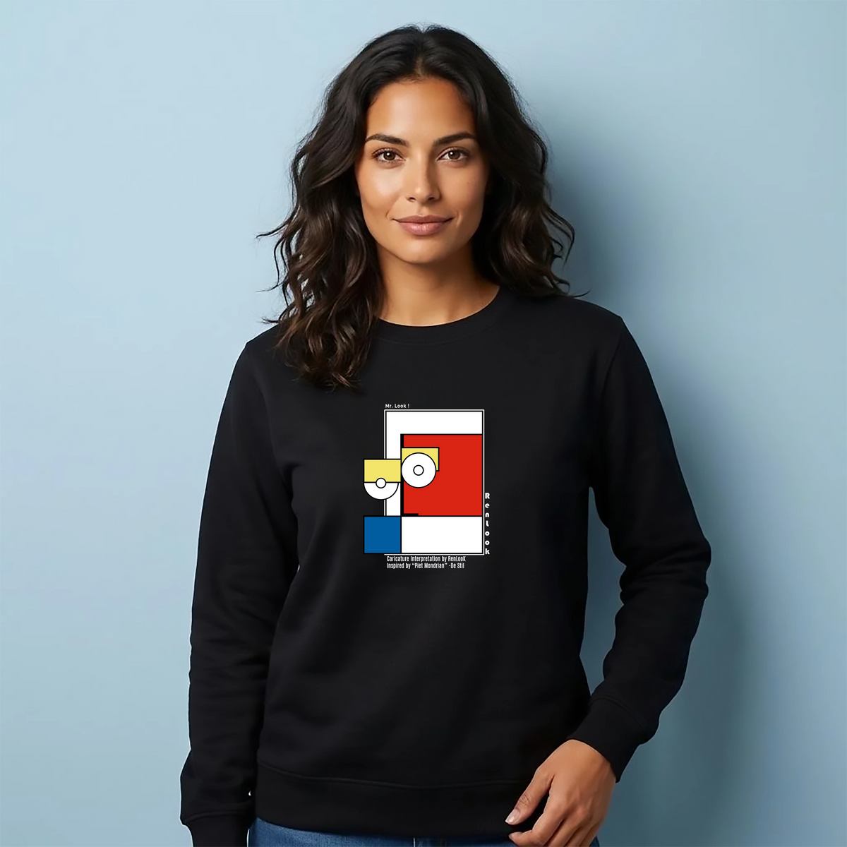 Unisex black sweatshirt with Piet Mondrian style square graphic, front view on model