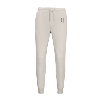Unisex jogger pants in light off-white with drawstring waist and small peace emblem on hip
