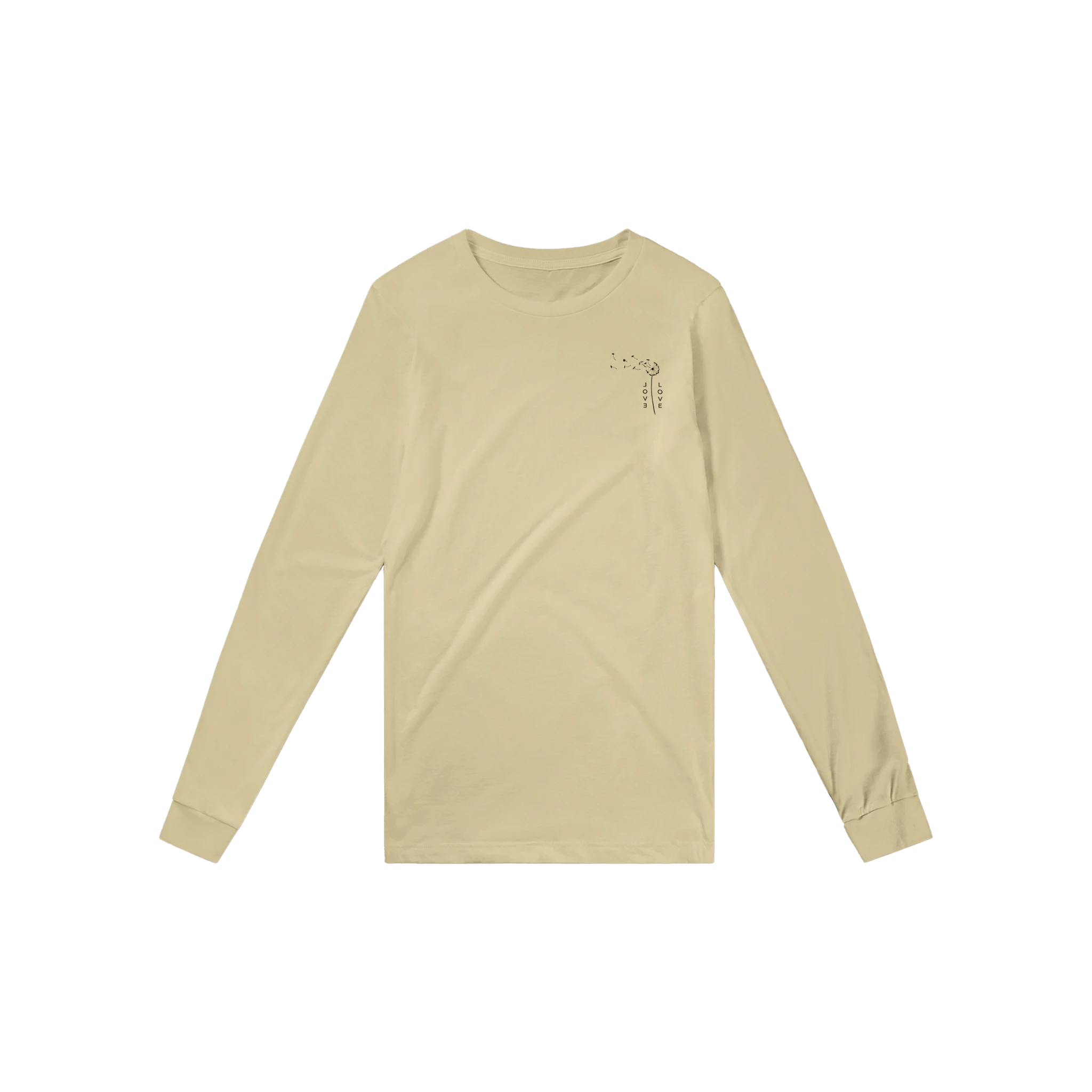 Beige unisex long-sleeve T-shirt with small chest graphic.