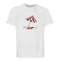 White unisex organic T-shirt with beach umbrella graphic at center