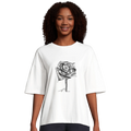 Women's oversized T-shirt, bright white, rose line-art graphic on front