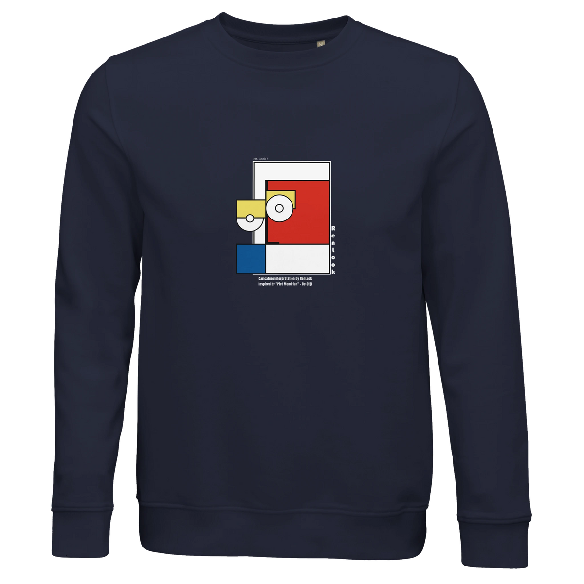 Unisex French navy sweatshirt with Piet Mondrian style square graphic on chest