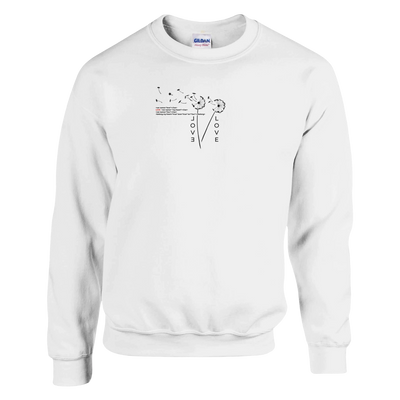 White unisex sweatshirt with small heart “LOVE” graphic on the chest