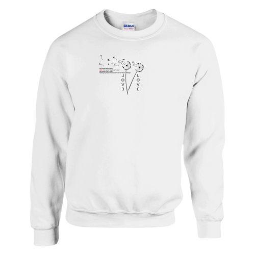 White unisex sweatshirt with small heart “LOVE” graphic on the chest