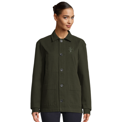 Unisex organic jacket in deep olive green, button-front with chest patch pockets