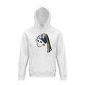 White pullover hoodie with front kangaroo pocket, drawstring hood, and chest graphic.