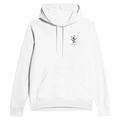Unisex pullover hoodie in white with drawstring hood and peace logo