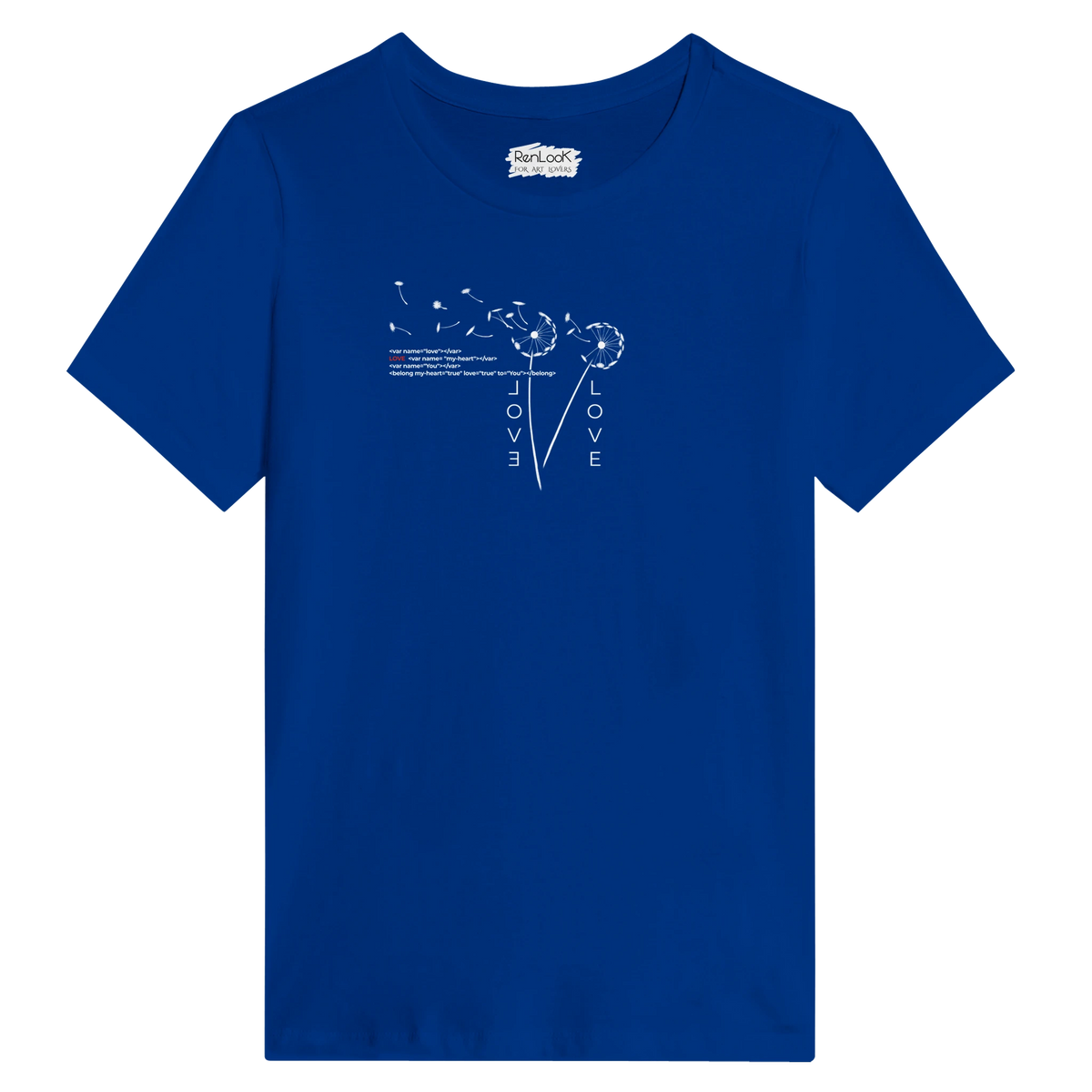 Women's crew-neck T-shirt in royal blue with white Love heart graphic on chest