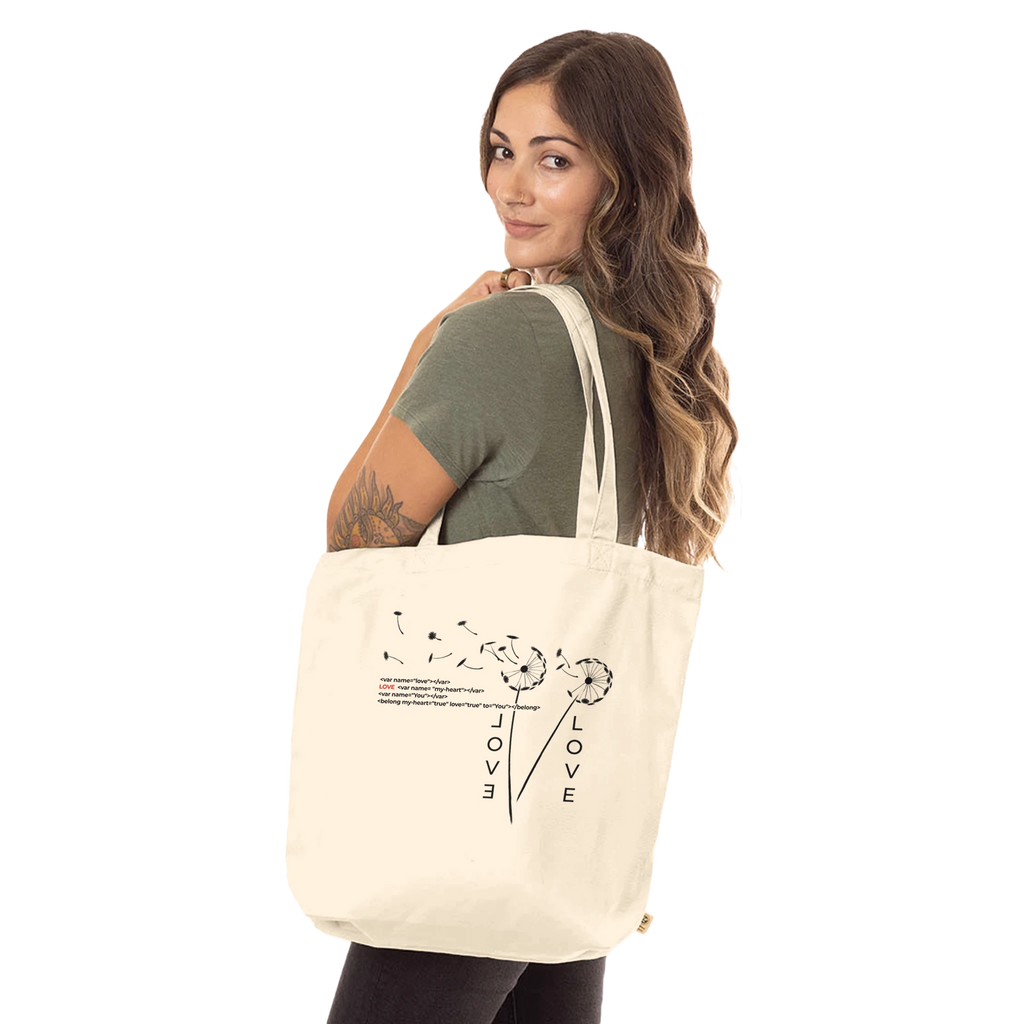 Organic tote bag, natural cream, with LOVE floral graphic and dual shoulder straps