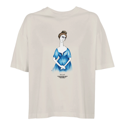 Women’s oversized T-shirt, white, crew neck, blue graphic front print.