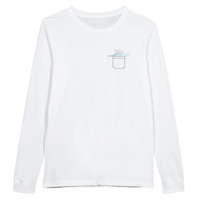 Unisex long-sleeve boatneck shirt, white, featuring a small chest cup graphic