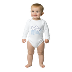 White long-sleeve baby cotton bodysuit with blue geometric rain graphic, full body