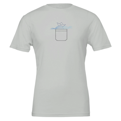 Light gray unisex T-shirt, back view, boat graphic on upper center.