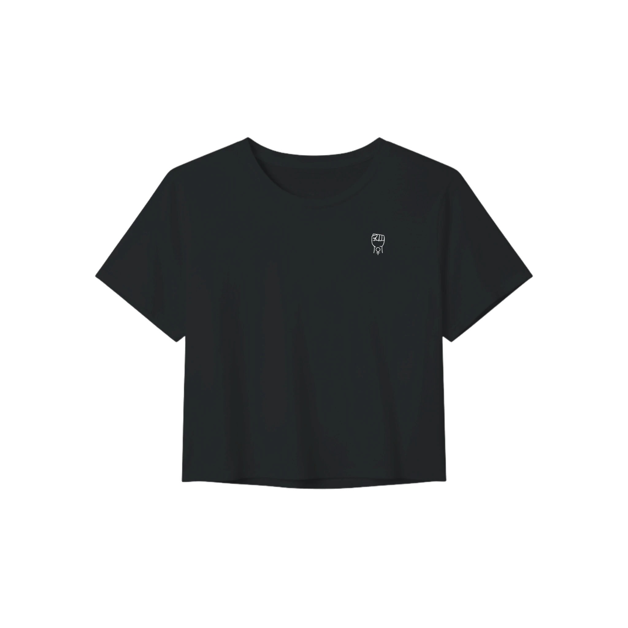 Black crop tee with short sleeves and crew neckline, small chest graphic.