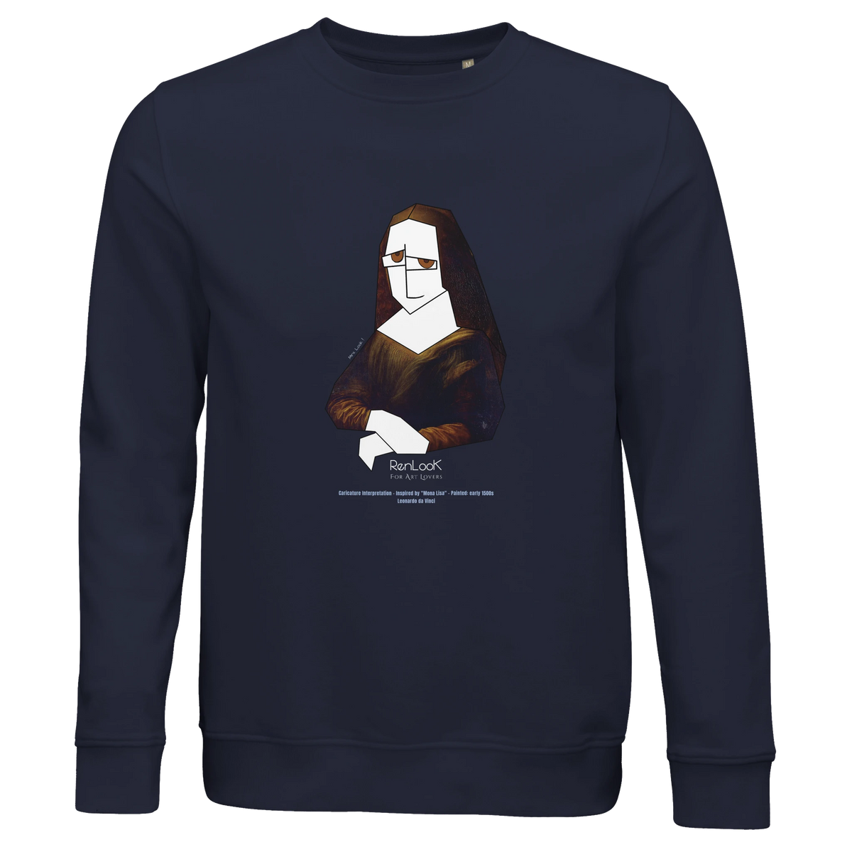 Unisex French navy sweatshirt with Mona Lisa portrait graphic print at chest