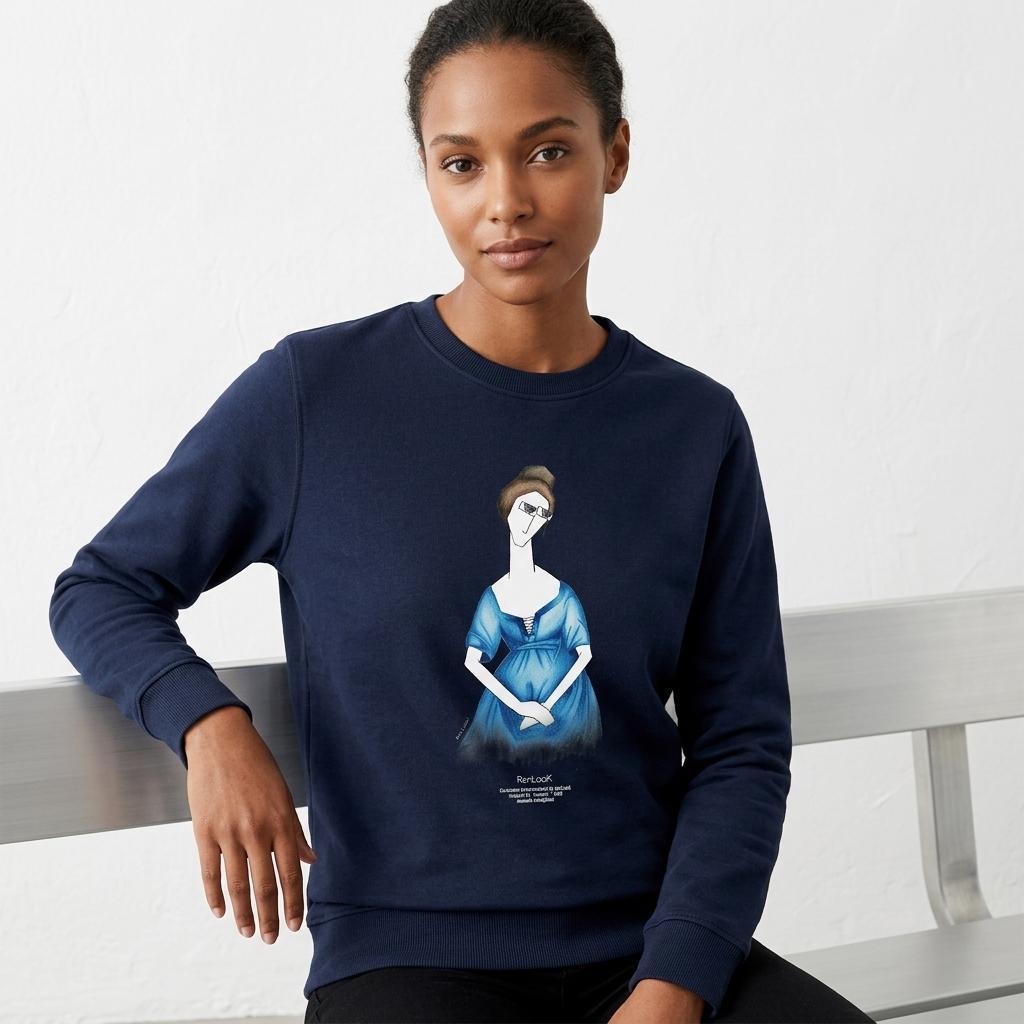 Model wearing dark navy unisex sweatshirt with long sleeves and front graphic print