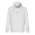 Off-white unisex hoodie with hood, drawstrings, boat graphic, and kangaroo pocket.