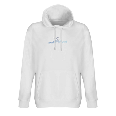Off-white unisex hoodie with hood, drawstrings, boat graphic, and kangaroo pocket.