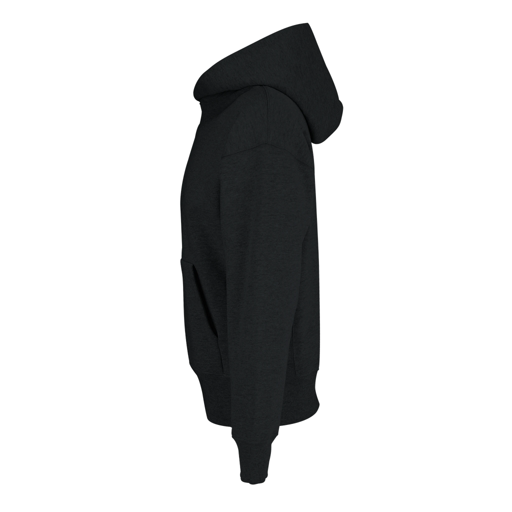 Black oversized pullover hoodie side view with hood and long sleeves