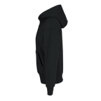 Black oversized pullover hoodie side view with hood and long sleeves